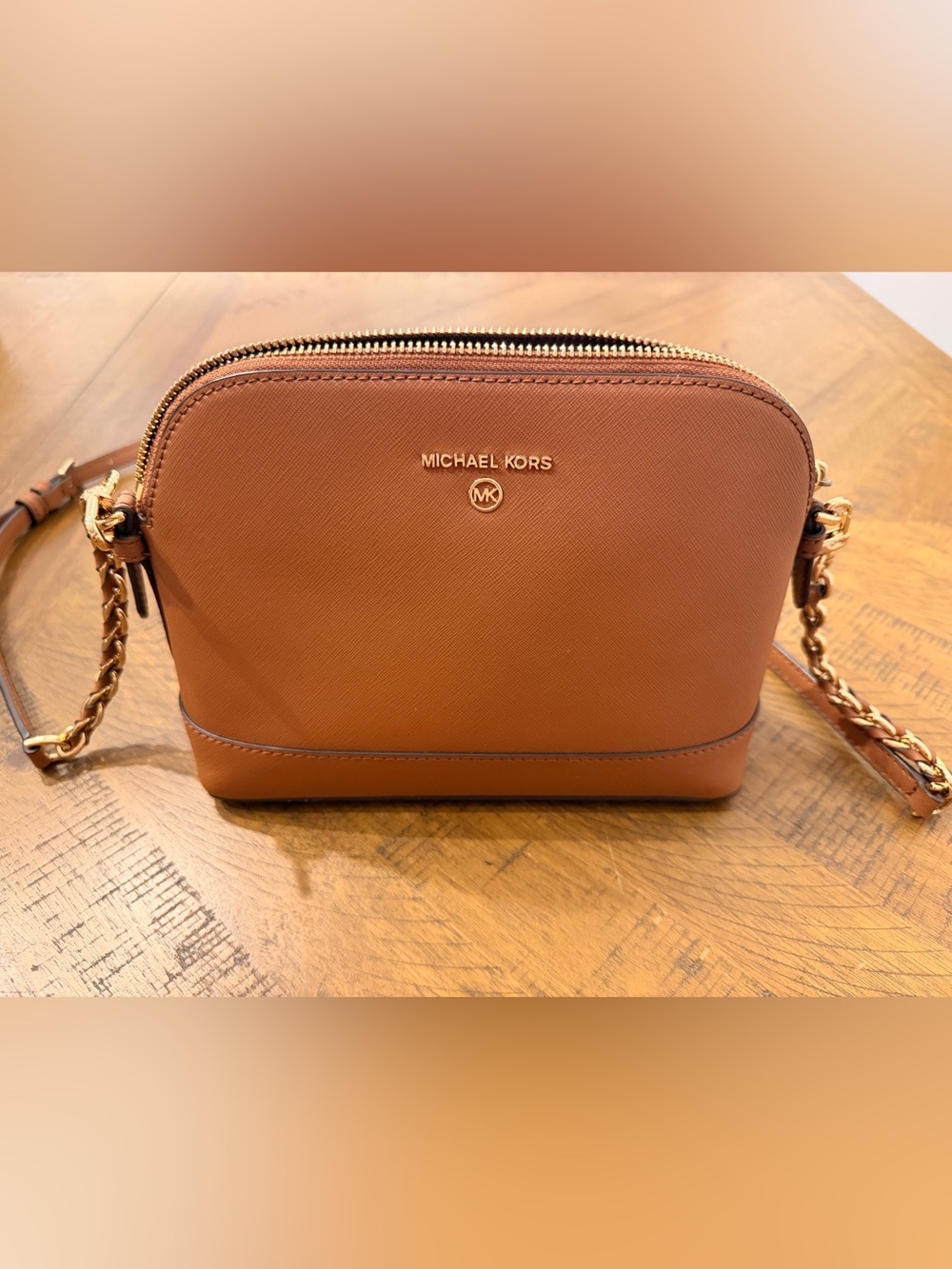 Michael Kors Saffiano Leather Dome Bag in Saddle/Tan